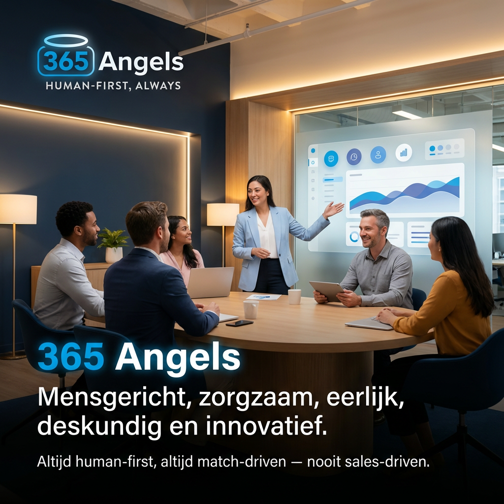 Two men at a table with laptops discussing in a modern office with a mural in the background.